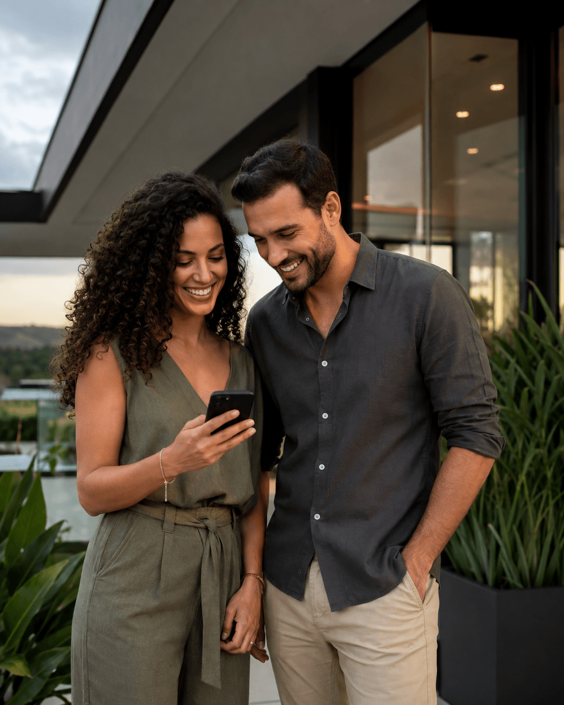 Casal sorrindo ao compartilhar um celular em uma varanda