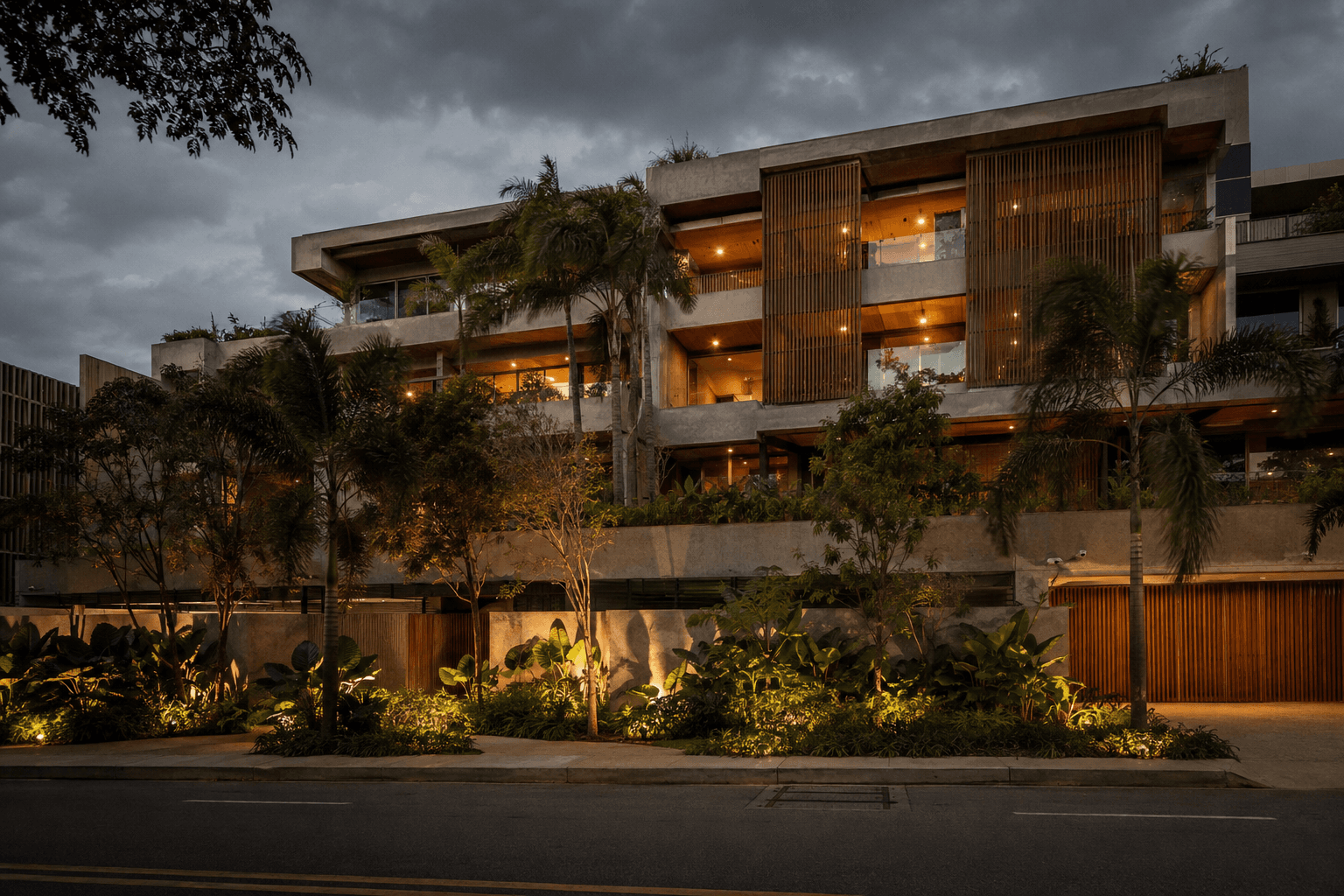 Edifício residencial ilustrativo com jardins e varandas